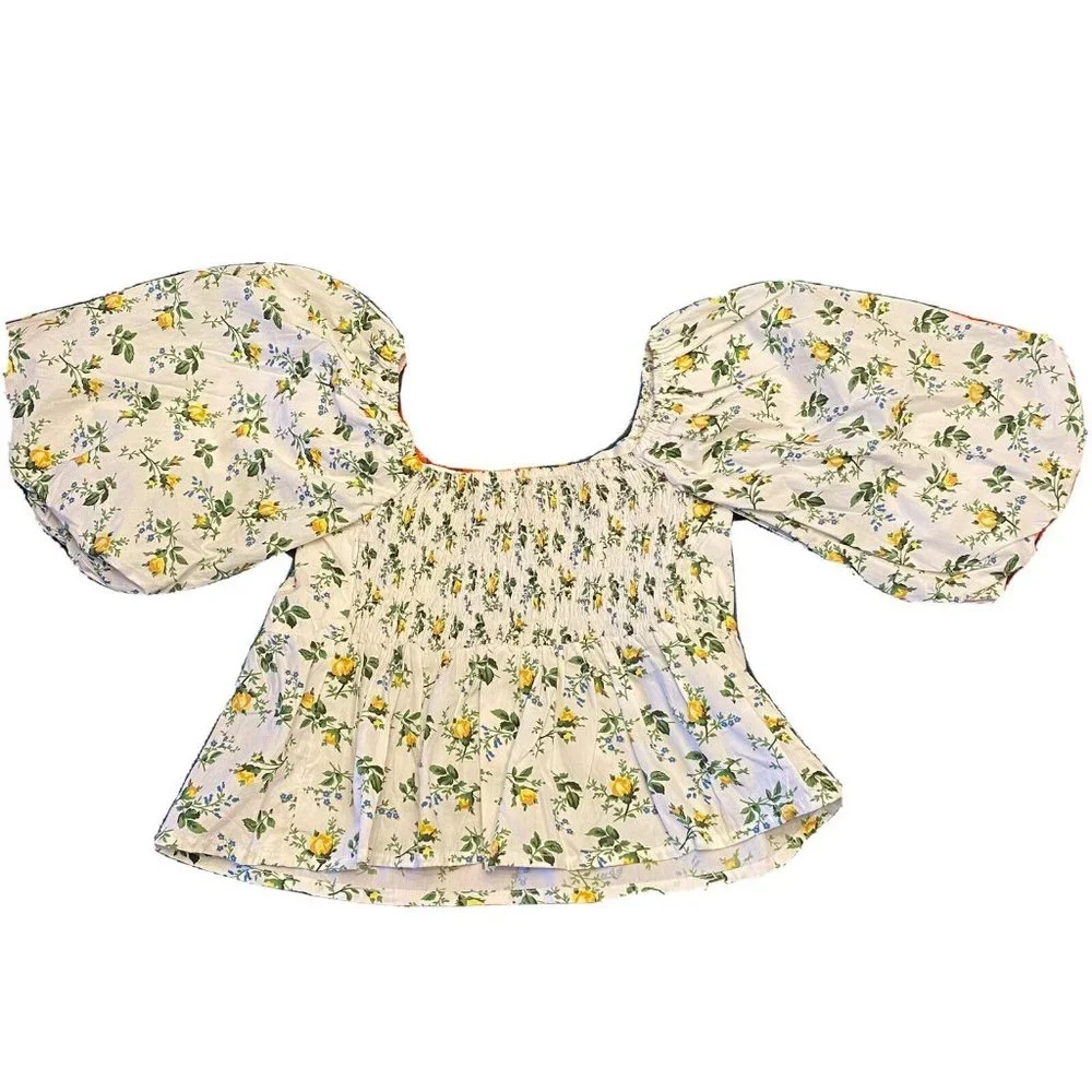 Faithfull the Brand Quincy Crop Top Large US 8 Bendita Floral Print White Puff - Picture 3 of 12